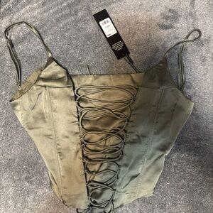 Fashion Nova Sage Lace-Up Satin Tank Top